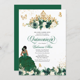 Invitation Fleurs d'aquarelle verte + Quinceanera papillon