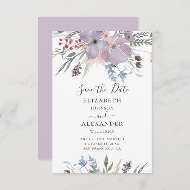 Invitation Fleurs d'aquarelle violet. Mariage floral Lilac (Devant / Derrière)