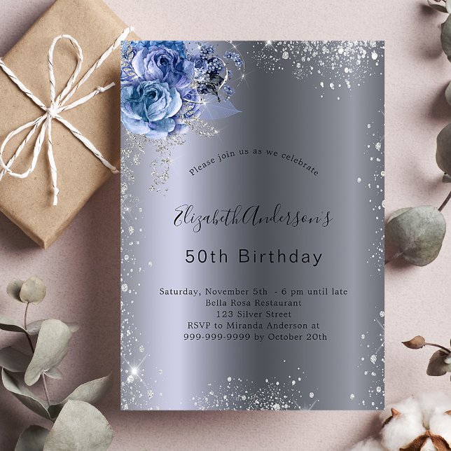 Invitation Fleurs d'argent bleu anniversaire parties scintill (Créateur téléchargé)