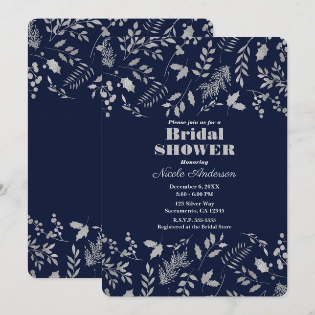 Invitation Fleurs d'argent de feuilles botaniques de douche d (Devant / Derrière)