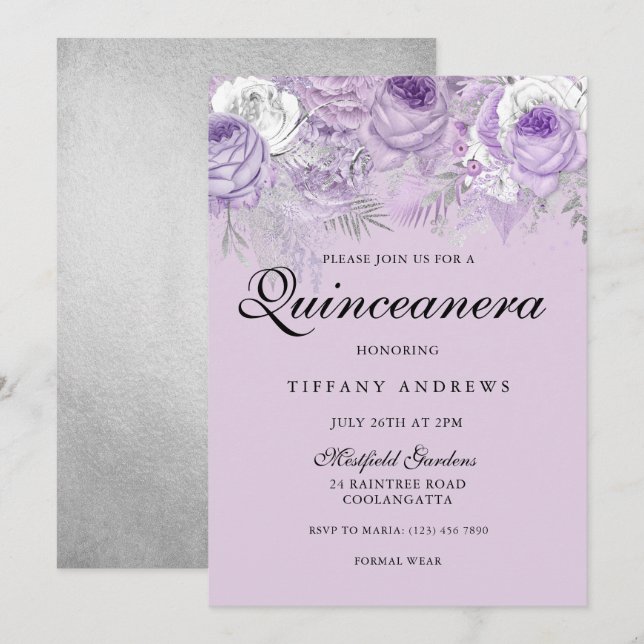 Invitation Fleurs d'argent de lavande violette Quinceanera Pa (Devant / Derrière)