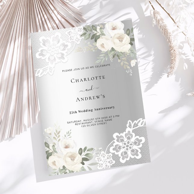 Invitation Fleurs d'argent luxe 25e anniversaire mariage (Créateur téléchargé)
