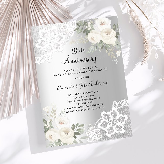 Invitation Fleurs d'argent luxe 25e anniversaire mariage (Créateur téléchargé)