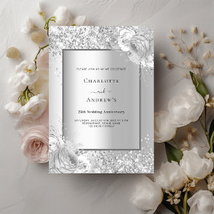 Invitation Fleurs d'argent luxe 25e anniversaire mariage