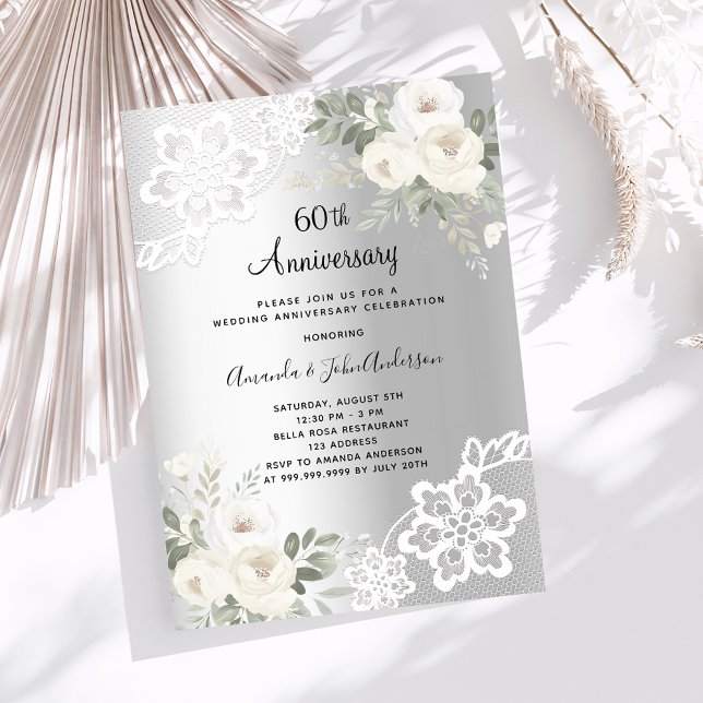 Invitation Fleurs d'argent luxe 60e anniversaire mariage (Créateur téléchargé)