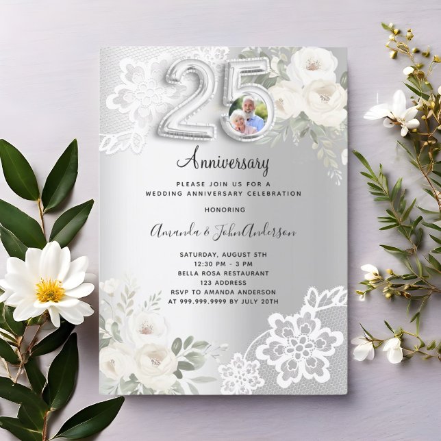 Invitation Fleurs d'argent photo 25e anniversaire mariage (Créateur téléchargé)