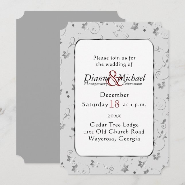 Invitation Fleurs d'argent sur Mariage gris (Devant / Derrière)