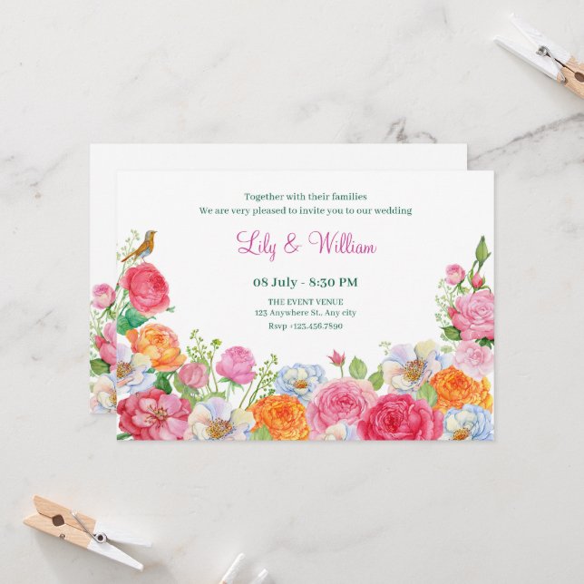 Invitation Fleurs d'art mariage Rose (Devant/Arrière en situation)