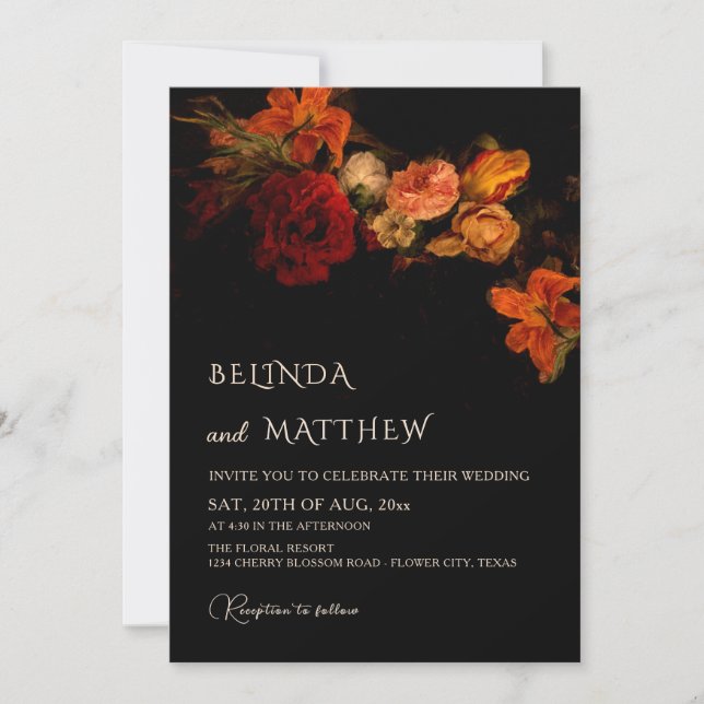 Invitation Fleurs d'art raffiné pour mariage sombre (Devant)