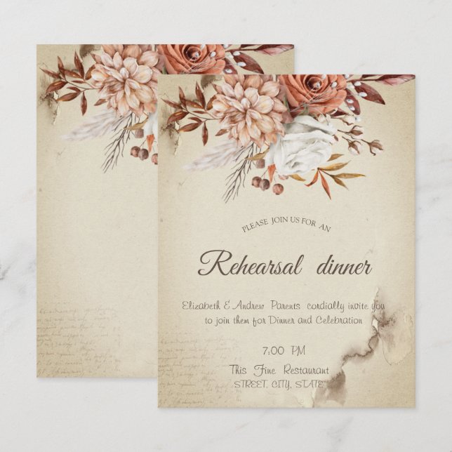 Invitation Fleurs d'automne à l'aquarelle chic Dîner de répét (Devant / Derrière)