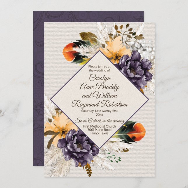 Invitation Fleurs d'automne avec Mariage de laiton et de plum (Devant / Derrière)
