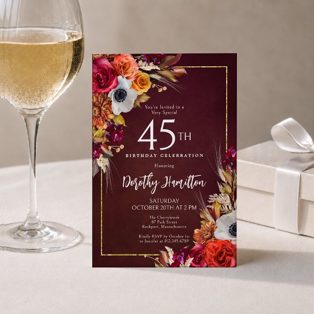 Invitation Fleurs d'automne bordeaux pour 40e anniversaire Éc (Créateur téléchargé)