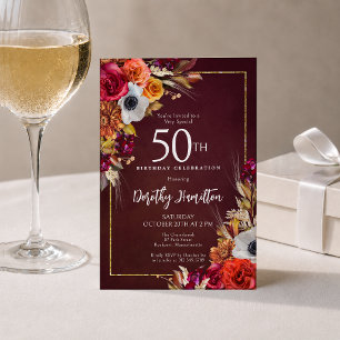 Invitation Fleurs d'automne bordeaux pour 50e anniversaire Éc