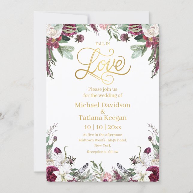 Invitation Fleurs d'automne, élégant mariage avec feuille d'o (Devant)