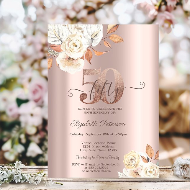 Invitation Fleurs d'automne en or rose pour 50 ans  (Créateur téléchargé)