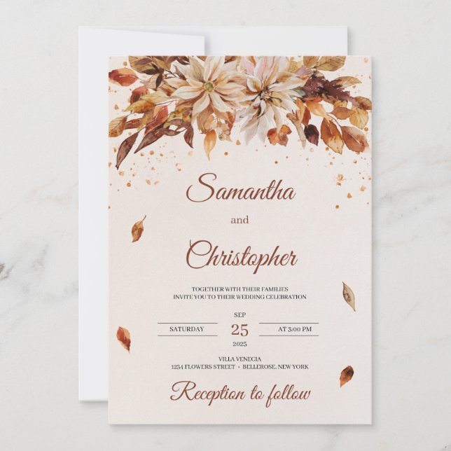 Invitation Fleurs d'automne et d'automne et mariage feuille (Devant)