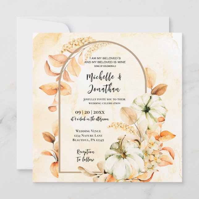 Invitation Fleurs d'automne Feuille Citrouille Mariage chréti (Devant)