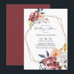 Invitation Fleurs d'automne Marsala Wedding shower géométriqu<br><div class="desc">Famille Invitation et amis à votre wedding shower avec cette invitation florale fantaisiste. Il présente une aquarelle illustrant la marsala, les fleurs orange et blanches avec cadre géométrique or rose et motif rayé. Cette invitation au boho est parfaite pour les wedding showers d'automne ou d'automne. Personnalisez en ajoutant les noms,...</div>