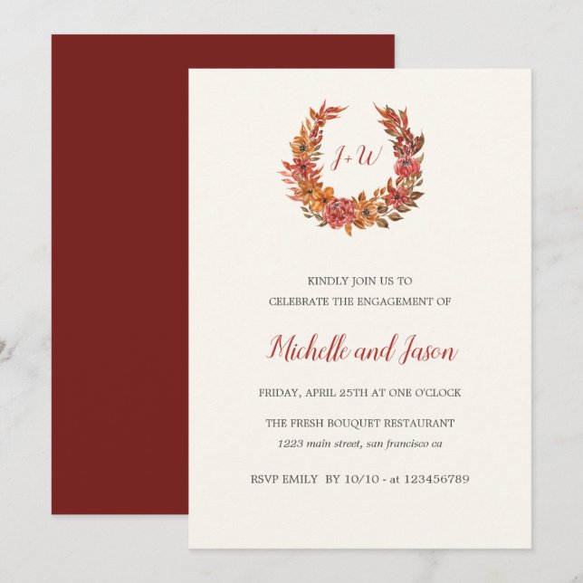 Invitation Fleurs d'automne Monogramme Élégante Partie d'enga (Devant / Derrière)