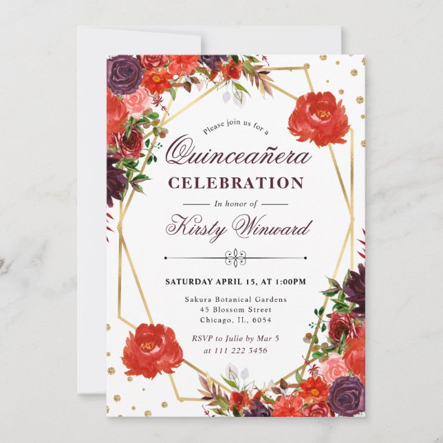 Invitation Fleurs d'automne orange et marron pour Quinceanera (Devant)