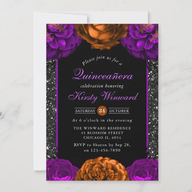 Invitation Fleurs d'automne orange et violet Halloween Quince (Devant)