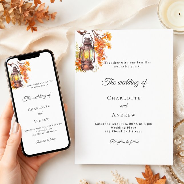 Invitation Fleurs d'automne orange lanterne rustique mariage  (Créateur téléchargé)