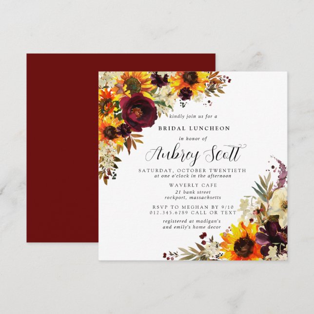 Invitation Fleurs d'automne Rose de tournesol Fête des mariée (Devant / Derrière)