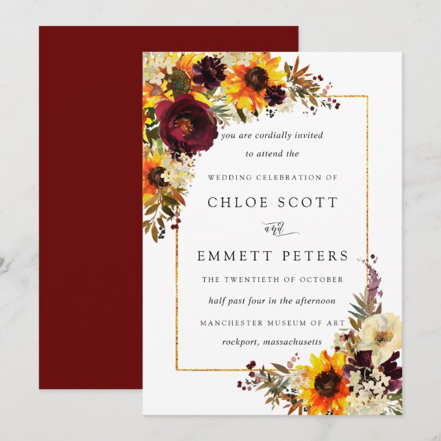 Invitation Fleurs d'automne Rose de tournesol Mariage rustiqu (Devant / Derrière)