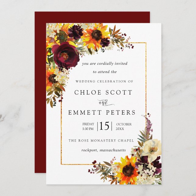 Invitation Fleurs d'automne Rose tournesol Mariage rustique (Devant / Derrière)