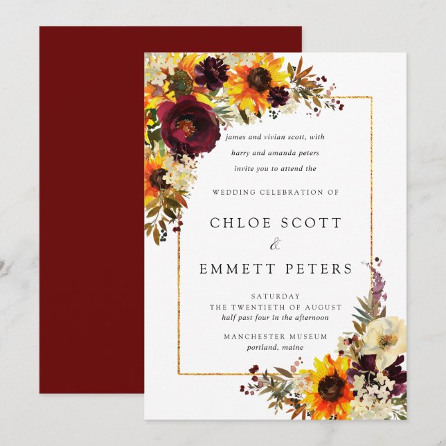 Invitation Fleurs d'automne Rose tournesol Mariage rustique (Devant / Derrière)