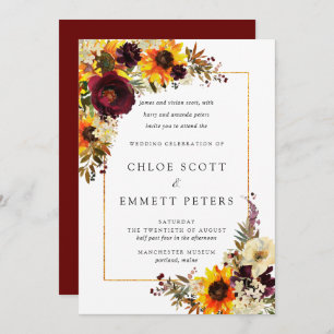 Invitation Fleurs d'automne Rose tournesol Mariage rustique
