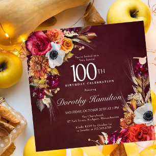 Invitation Fleurs d'automne rouge Bourgogne Script 100e anniv