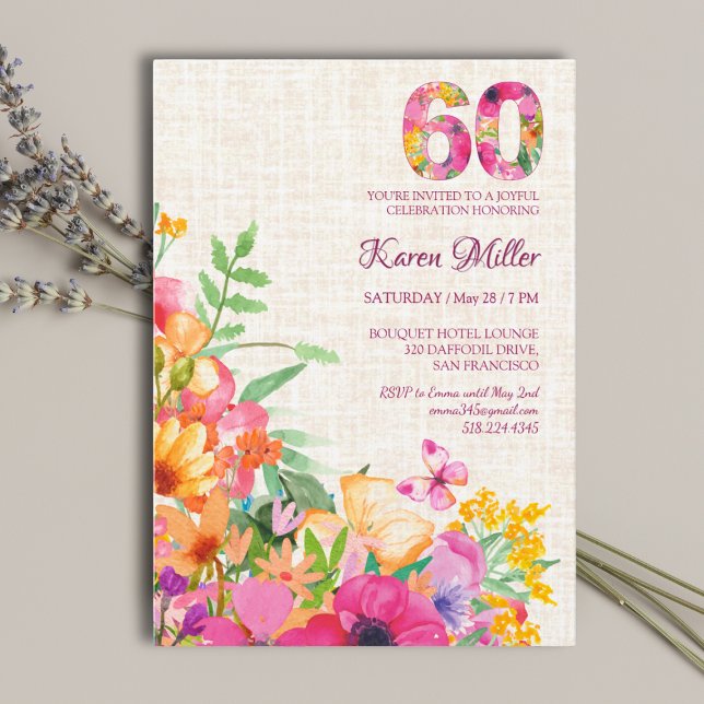 Invitation Fleurs de 60 ans Lin fleuri 60e anniversaire (Créateur téléchargé)