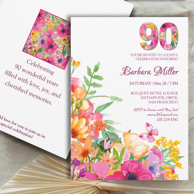 Invitation Fleurs de 90 ans - Aquarelle 90e anniversaire (Créateur téléchargé)