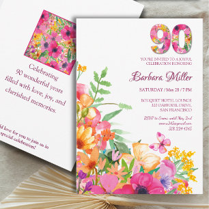 Invitation Fleurs de 90 ans - Aquarelle 90e anniversaire