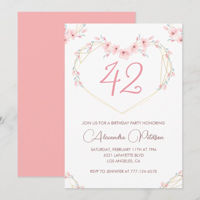Invitation Fleurs de aquarelle rose boho 42e anniversaire  (Devant / Derrière)