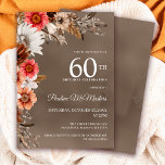 Invitation Fleurs de automne neutres florales blanches 60e an<br><div class="desc">Les fleurs blanches chatoyantes sont entourées de feuilles gris,  bruns et noirs neutres. Les fleurs roses et rouges ajoutent des pops de couleur pour l'éclairer. Le texte blanc est une combinaison chic de lettres droites et de calligraphie. L'arrière - plan taupe les encadre parfaitement.</div>