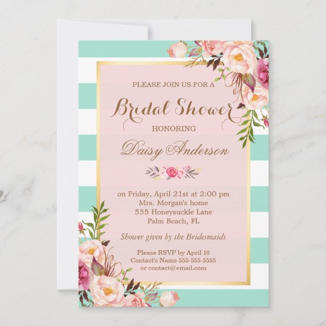Invitation Fleurs de Baby Shower Rose Menthe Verte Rayures (Devant)