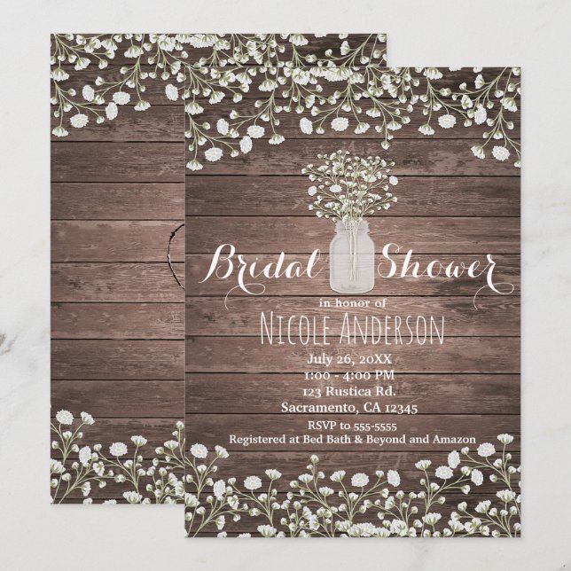 Invitation Fleurs de Baby's Breath Fête de Mariage Bois Rusti (Devant / Derrière)