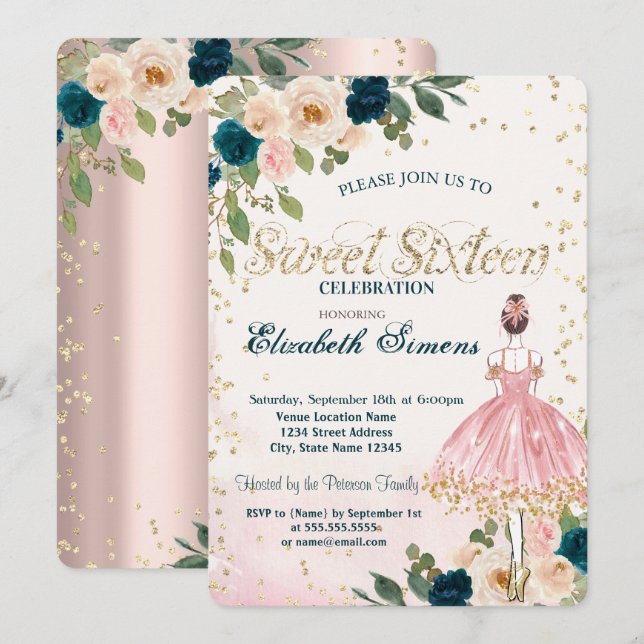 Invitation Fleurs de Ballerine Diamants Or Rose Douce 16 (Devant / Derrière)