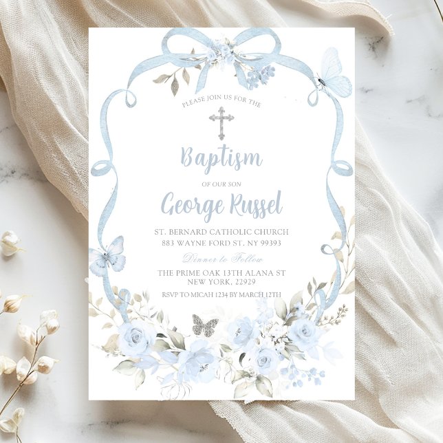 Invitation Fleurs de baptême à ruban bleu poussiéreux (Créateur téléchargé)