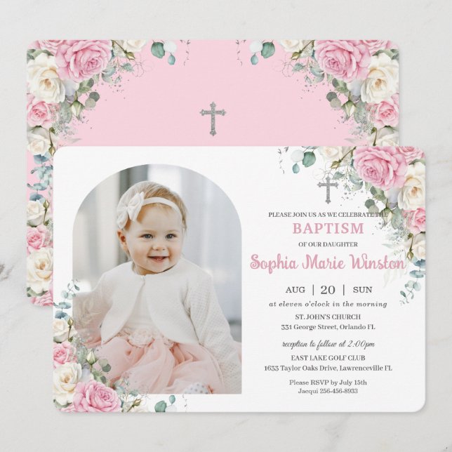Invitation Fleurs de baptême florales blanches roses Arch Pho (Devant / Derrière)