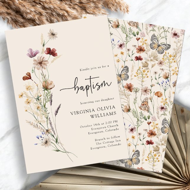 Invitation Fleurs de baptême sauvages (Baptism Watercolor Boho Wildflowers Invitation by Painted Paperie
)