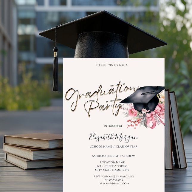 Invitation Fleurs de barette de remise de diplôme noires Votr (Créateur téléchargé)