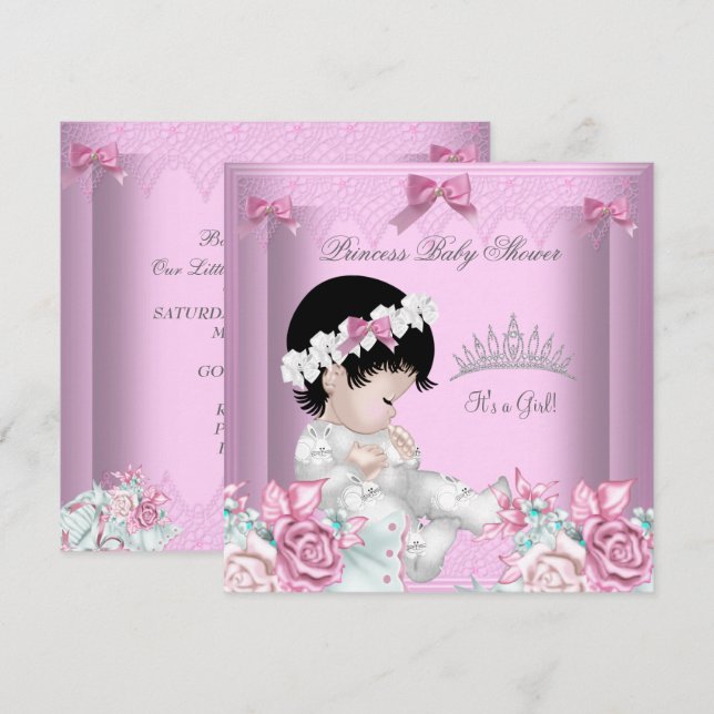 Invitation Fleurs de bébé fille rose et grise (Devant / Derrière)