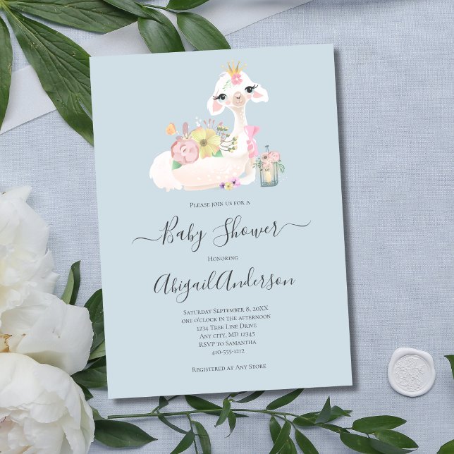 Invitation Fleurs de bébé lama blanc bleu Baby Shower (Blue White Baby Boy Llama Baby Shower Invitation)