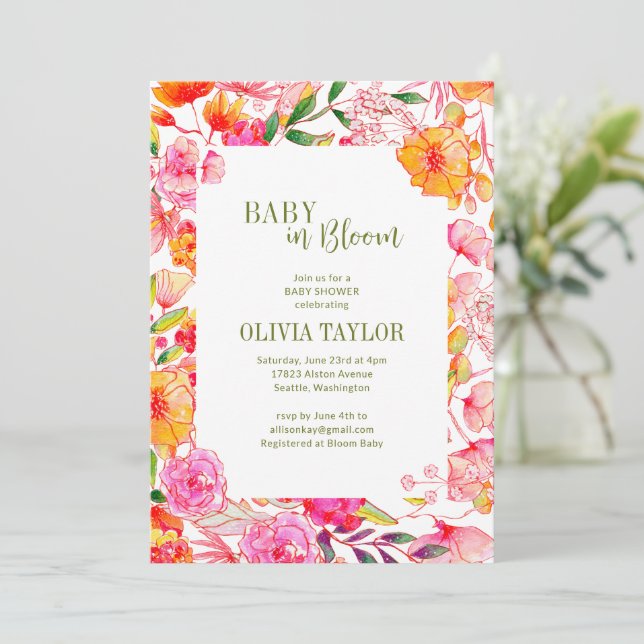 Invitation Fleurs de bébé rose orange aquarelle Shower Bloom (Debout devant)