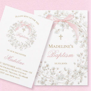 Invitation fleurs de bébé's breath ruban rose Baptême