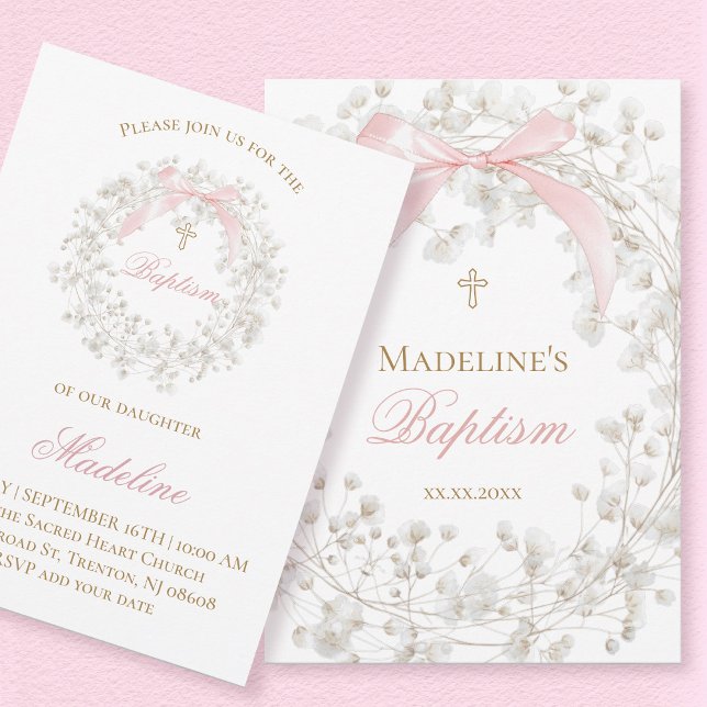 Invitation fleurs de bébé's breath ruban rose Baptême (Créateur téléchargé)