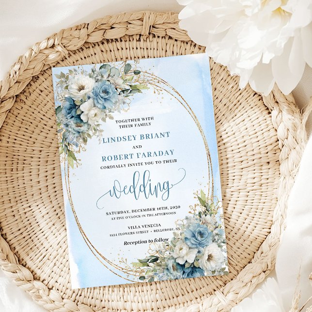 Invitation Fleurs de bleu aquarelle Eucalyptus Mariage Or (Watercolor Blue Flowers Eucalyptus Gold Wedding Invite)